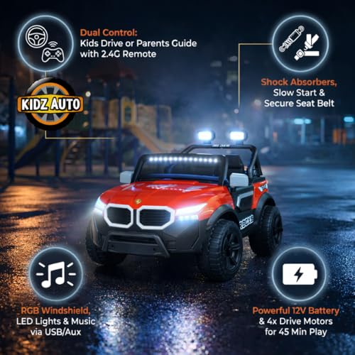 Image of KAB J 777 Rechargeable Battery Operated Jeep for Kids |POBO-2026 |Electric Ride-On Toy with LED Lights,Music,RGB Windshield,Steering Function & Dual Control (Red)