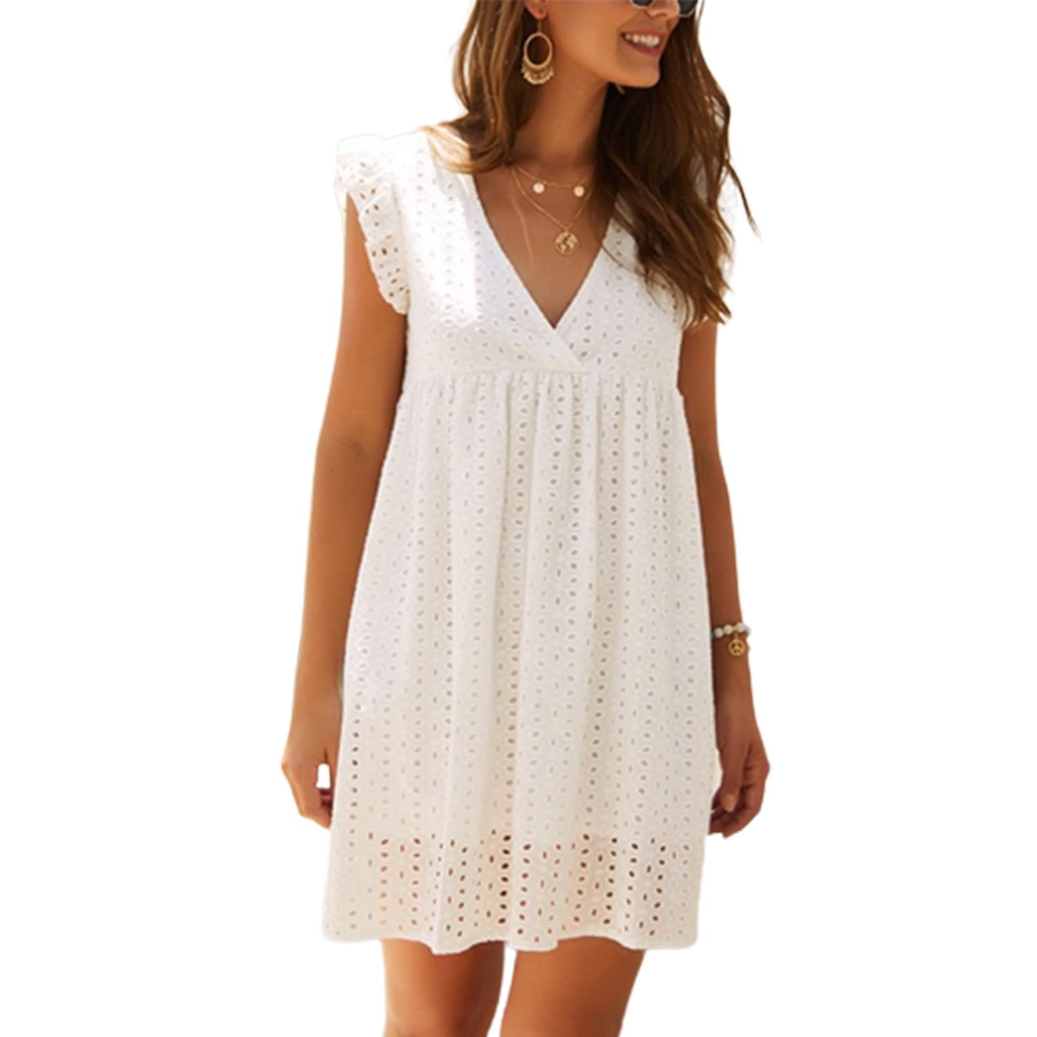 V-Neck Dress Romper with Pockets，Dress with Shorts Underneath,Eyelet Dress for Women,Ruffle Sleeve with Line