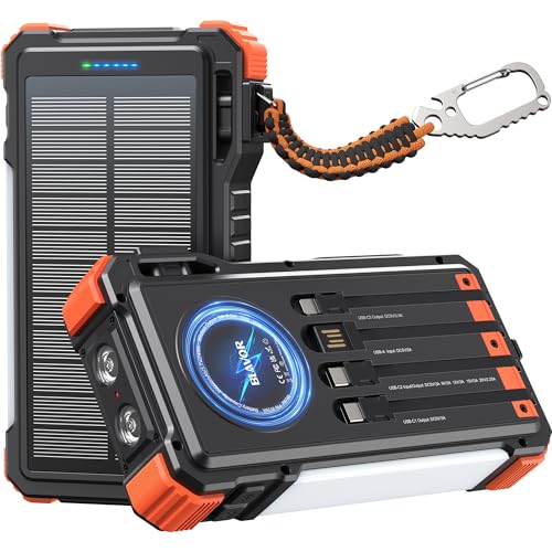 BLAVOR 45W Solar Charger Power Bank 20000mAh Wireless Portable Charger Built-in Cables, PD QC Fast Charging Battery Pack with USB-C for iPhone, Samsung, Dual Flashlight & Carabiner for Camping, Hiking