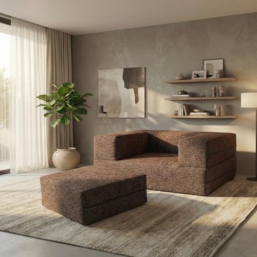 Image of C-Type Sofa Bed 3x6 Ft with Pouffe - Jute Fabric Convertible Floor Sofa Cum Bed with Wide Arm Support for Living Room & Guest Room - Brown Color