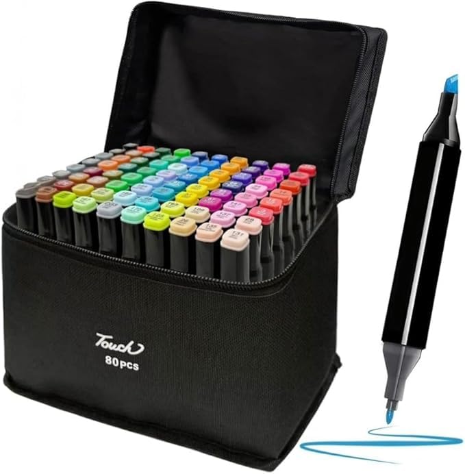 Conjunto de 80 Canetas Marcador Permanente Canetinhas para Colorir Touch com Ponta Dupla para Desenhos Profissional e Escolar com Duas Pontas Hidrográficas com Estojo para Transporte