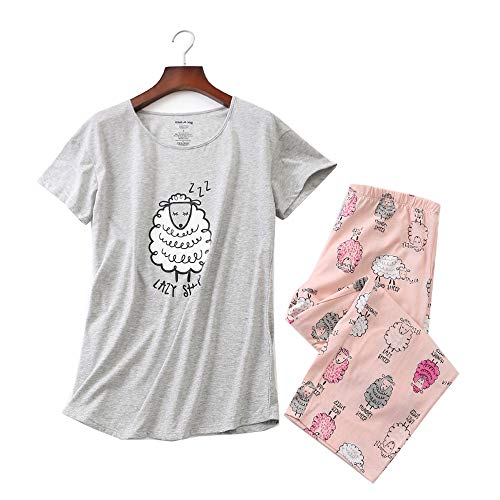 Image of Women Plus Size Pajama Sets Summer Cotton Sleepwear Tops with Capri Pants Pj Sets Fun Prints Pajama Sets