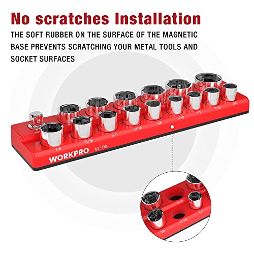 Image of WORKPRO Magnetic 1 /2-Inch SAE Socket Organizer - Holds 16 Standard & Deep Size Sockets