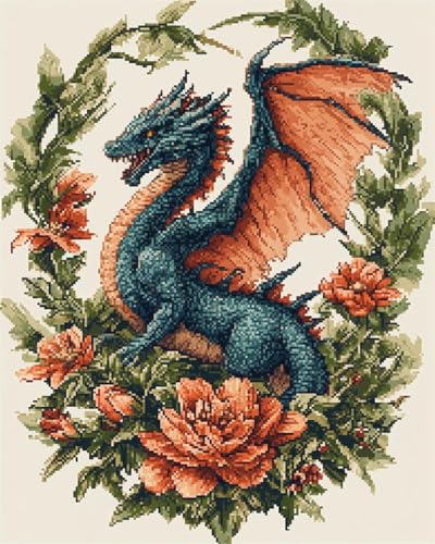 NAHUIGOOD Kit De Punto De Cruz Bordado,Kit Punto De Cruz Con Hilos Y Tela Esquemas Tela Impresa Juego Completo De Iniciación Para Principiantes Preimpreso Dragones Antiguos11Ct40X50Cm
