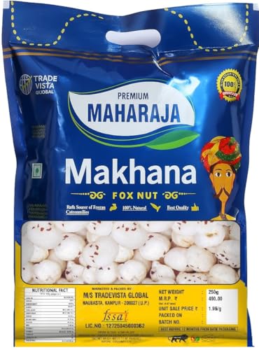 Image of Premium Maharaja Makhana Crunchy Roasted Foxnuts 250g Pack Lotus Seeds Tasty Light Crisp Snack Nutritious Plant Based Food Resealable Pouch Convenient Munching Option