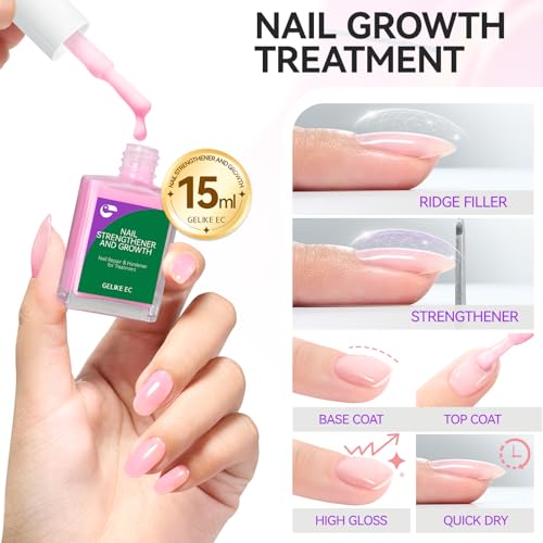 Image of Nail Polish Strengthener and Growth Treatment: Pink Gelike EC 6 in 1 Natural Nail Hardener Extra Strong and Growth - Long Lasting Nail Repair for Damaged Nails - For Daily Work Home Salon