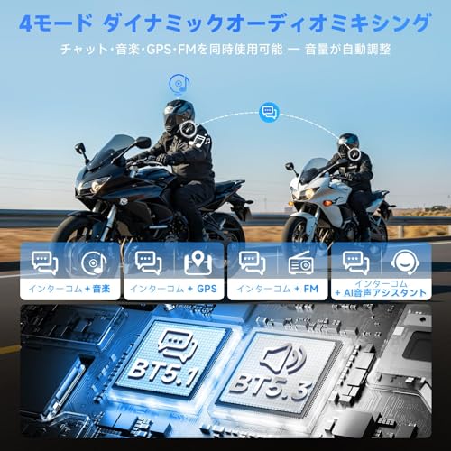 バイク用インカム Moman(モーマン) H2S ワイヤレス5.3+5.1 ヘルメット用インカム 最大1000m通信距離 2人同時通話 HIFI 40mmスピーカー 3重ノイズキャンセリング(CVC/DSP/ENC) 自動音量調整 音楽共有 FMラジオ オーディオマルチタスク 25時間連続使用 Siri対応 IPX6防水 Type-C充電 (2台入り, 二人通話)