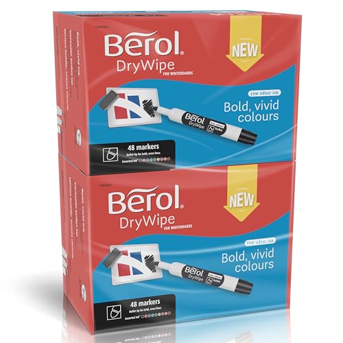 Berol DryWipe Whiteboard Marker Pens | Bullet Tip | Assorted Colours | Low-Odour Ink | 96 Dry Erase Markers