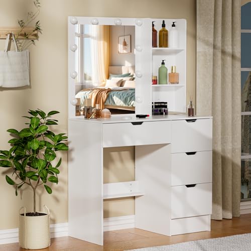 Puselo Dressing Table with Mirror and Lights,White Vanity Desk with Mirror and 4 Drawers, 10 LED Lights,3 Light Colours Adjustable Brightness,Modern Vanity for Women Girl Bedroom - Cosy Home Interiors Puselo Dressing Table with Mirror and Lights,White Vanity Desk with Mirror and 4 Drawers, 10 LED Lights,3 Light Colours Adjustable Brightness,Modern Vanity for Women Girl Bedroom - Image 8
