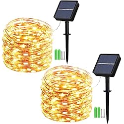 Geemoo 2 Piezas Guirnalda Luces Exterior Solar, 15M 150 LED Blanco Calido, Cadena de Luces de Alambre de Cobre, 8 Modos Luces Navidad para Decorar Arbol, Patio, Jardin