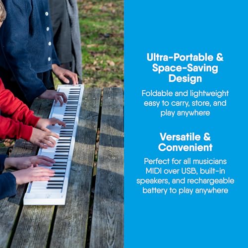 Carry-on 88 Key Folding Piano - Ultra-Portable and Full-Sized with 128 Voices and USB MIDI Connectivity - Travel Piano Keyboard Perfect for Practice, Travel, and Performances - White