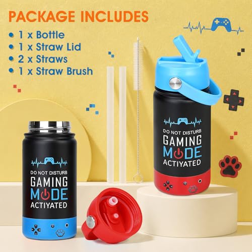 Image of Kids Insulated Water Bottle with Straw Lid, 14oz Double Wall Vacuum Stainless Steel Tumbler, Leak Proof Reusable Metal School Cup for Boys Girls, Keep Cold 24H Hot 12H (Blue-Red-A)