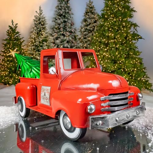Image of Zaer Ltd. Metal 18.5 inch Long Multi-Seasonal Christmas and Harvest Pickup Truck with Metal Tree, Pumpkins, and Matching Side-Magnet Sets (Glossy Red)