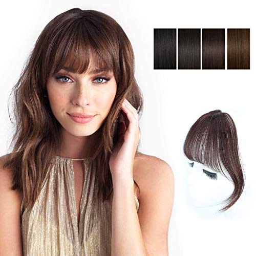 Clip in Bangs 100% Hair Extensions Human Hair French Bangs/Fringe One Piece Hairpiece with Temple Hand Made Tied Bangs for Women(Dark Brown)