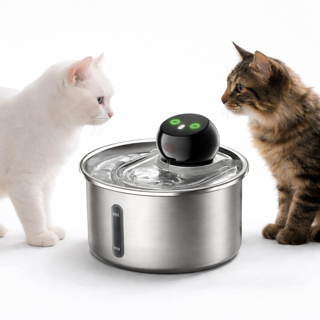 HOMELODY Fontana per gatti senza fili, in acciaio inox, 3 l, con batteria fino a 120 giorni, funzionamento con sensore, silenziosa, con sistema di filtraggio a 5 scomparti, per gatti e cani