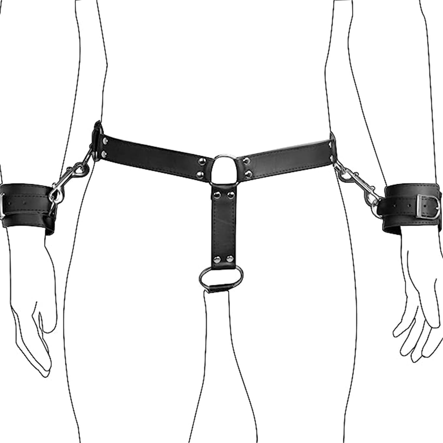 MFMYEE BDSM Leather Sexy Chastity Belt Set with Handcuffs and Metal Cock Ring Adjustable Bondage SM Fetish Bib Panties Bondage Sex Toys for Women Men Black