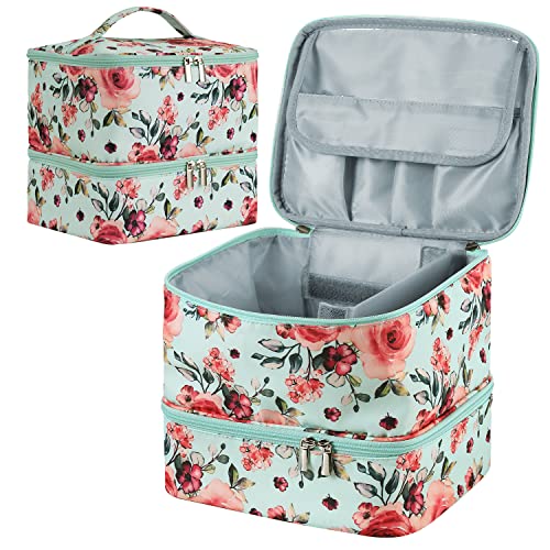 Buruis Nail Polish Organizer, Double-Layer Nail Tools and Nail Dryer Case, Holds 27 Various Size Bottles (15ml - 0.5 fl.oz or Larger), Nail Polish Carrying Case with Adjustable Dividers(Aqua Floral)
