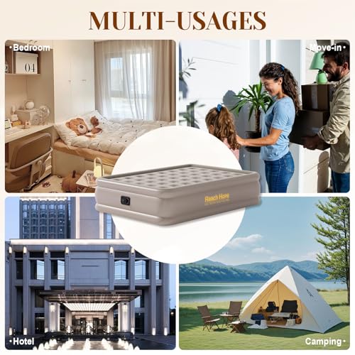 Image of Air mattress with integrated pump, plug-in electric pump, self-inflating air mattress, blown travel bed, comfortable air mattress for home rentals, camping and guests.