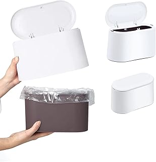 CAEEKER Trash Can Desk Bin with Lid, Table Desktop Dustbin Portable Desk Rubbish Bin Small Table Waste Bin Mini Countertop Wastebasket Press-Type Desktop Paper Bin for Bedroom Bathroom Office (White)