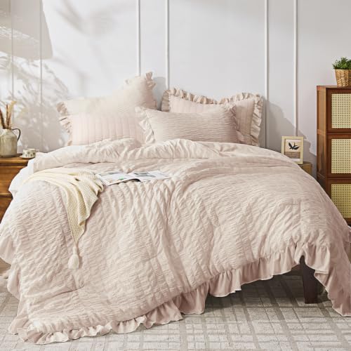 Image of JOLLYVOGUE Beige King Comforter Set, 3 Pieces Seersucker Comforters King Size, Lightweight & Fluffy Bedding Sets for All Season with 1 Ruffle Comforter and 2 Ruffle Pillowshams