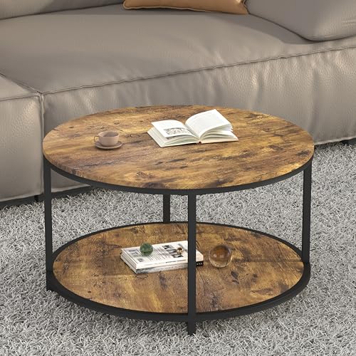 Image of NSdirect Round Coffee Table, 27.6 inch Small Coffee Table for Living Room,2-Tier Rustic Wood Desktop with Storage Shelf Modern Design Home Furniture(Brown)