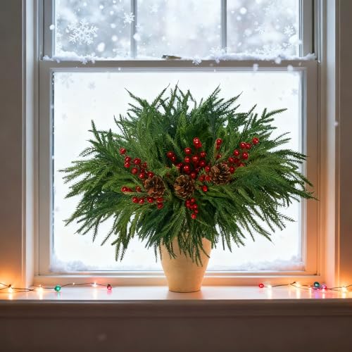 12 Pcs Norfolk Pine Branches, Artificial Pine Branches, 17" Norfolk Pine Branches, Long Christmas Greenery Stems with Red Berries and Pine Cores for Christmas Vases DIY Crafts Home Decor - Image 8