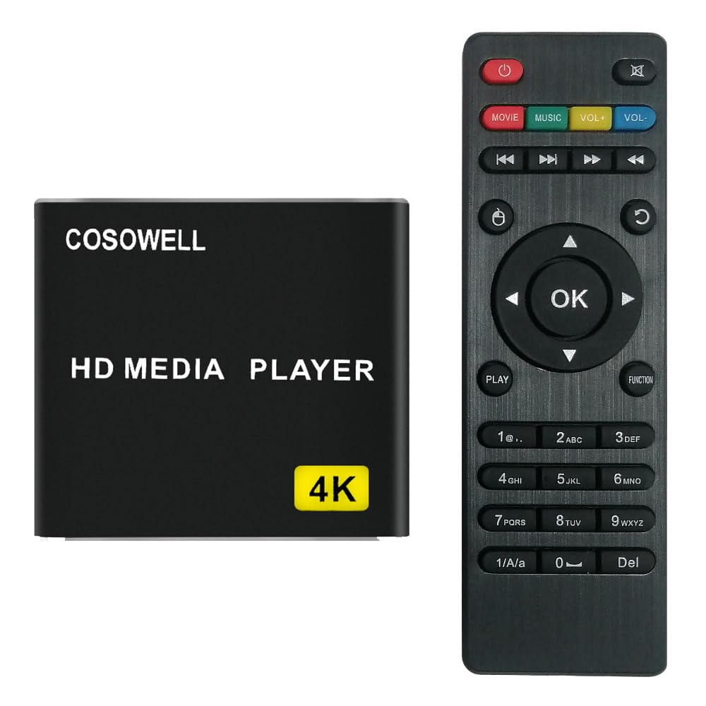 4K Media Player for USB Drive & SD, Ultra HD Digital Signage Player with HDMI/AV Output, H.265 H.264 MKV MP4 Video, MP3 Music, JPG Photo, Auto Play & Resume, Loop Playback