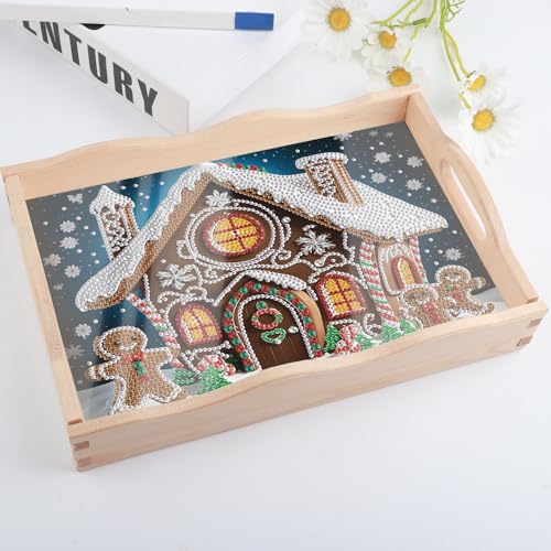 Image of Christmas DIY Diamond Art Tray with Handle Special Shaped Diamond Art Plate Creative Design Handmade Wooden Tray Mosaic Making Kits by Number Kits DIY Crafts Gift for Xmas Organizer (Christmas House)