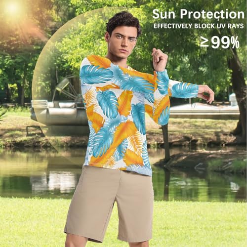 Mens UV Protection Shirts Rash Guard Long Sleeve UPF 50+ Blue Palm Tree Blue Quick Dry S4