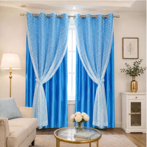 Image of Double Curtains 2 in 1 Embroidery Transparent with 80% Blackout Curtain Best for Every Interior Living Room Door Curtain (Sky Blue, 9 feet Set 2)