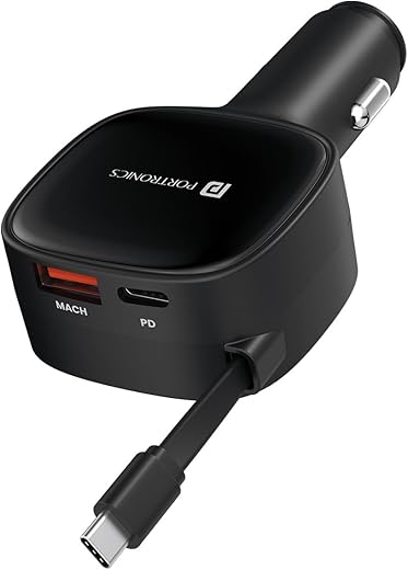 Portronics Car Power Retracto 84W 3 in 1 Car Charger, 80 cm Retractable Cable (33W Type-C PD), Dual Port (18W USB Type-A & 33W Type-C) for Laptop, Android, iPhone, Earbuds and...