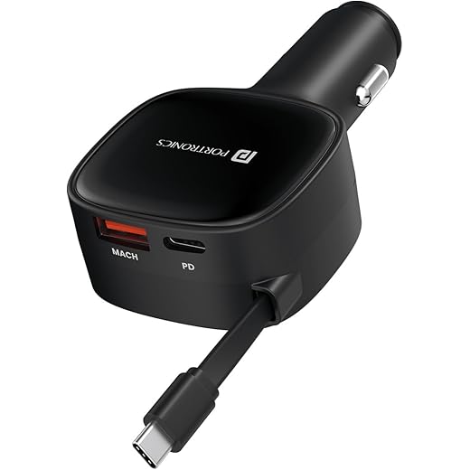 Portronics Car Power Retracto 84W 3 in 1 Car Charger, 80 cm Retractable Cable (33W Type-C PD), Dual Port (18W USB Type-A & 33W Type-C) for Laptop, Android, iPhone, Earbuds and More (Black)