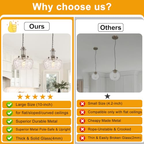 Image of Plug in Pendant Lights Kitchen Island, Modern Brushed Nickel Pendant Light Fixtures with 10 inch Clear Hammered Glass Shade, Industrial Hanging Pendant Lights Fixture for Kitchen Island Dining Room Foyer