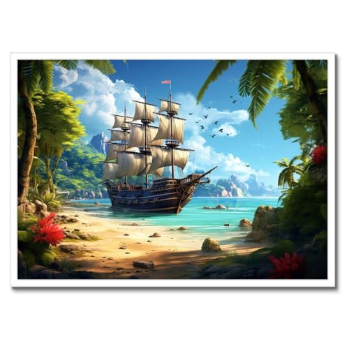 Poster paysage marin bateau île paradisiaque cadre noir 70x50 cm