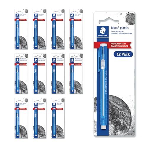 Image of STAEDTLER Mars Plastic Eraser Pen, 12-Pack, 12 Total Count German-Made Retractable Pencil Eraser, Vinyl Stick Eraser with Blue Holder for Architectural Sketching, Drawing Supplies for Artists