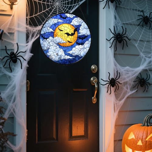 Image of Stained Glass Window Hanging - Halloween Decorations Bats Moon Clouds Suncatcher for Doors Garden Indoor Spooky Funny Sun Catchers Gothic Decor Horror Gifts for Women Men Friend 9.8 in