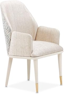 Michael Amini Lisbon Beige Dining Arm Chair Solid & Manufactured Wood Frame Opal Chenille Jacquard Upholstery Comfortable Seat Stylish Design Durable Construction