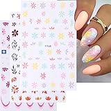 Colorful Flower Nail Art Sticker Decals Summer Daisy Nail Decals Vintage Floral Nail Art Sticker 3D Self-Adhesive Nail Sticker Design for Women DIY Finger Toe Manicure Charm Decoration
