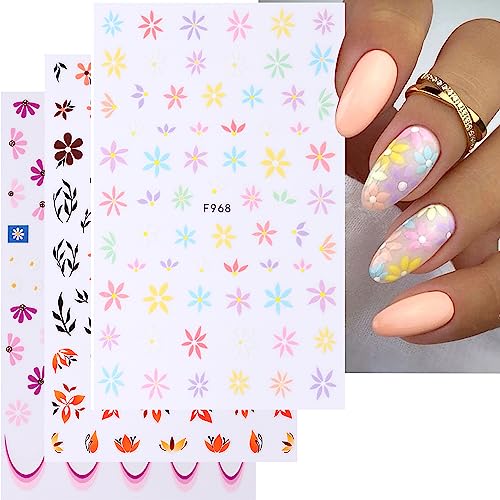 Colorful Flower Nail Art Sticker Decals Summer Daisy Nail Decals Vintage Floral Nail Art Sticker 3D Self-Adhesive Nail Sticker Design for Women DIY Finger Toe Manicure Charm Decoration