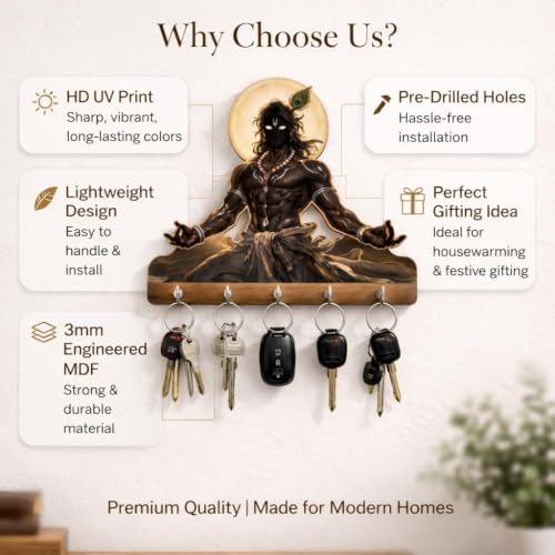 Image of DAKSHETSRY Artworks Lord Krishna Key Holder for Wall with 5 Hooks | Wooden Decorative Key Hanger for Home Entrance, Living Room & Office | Spiritual Wall Decor | Housewarming & Diwali Gift