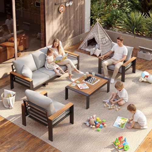 Image of Aoxun Aluminum Outdoor Patio Furniture Set, 5 Seats Outdoor Sectional with Coffee Table, Patio Conversation Sets with Upgraded Armrests and Cushions for Backyard, Garden and Poolside(Grey)