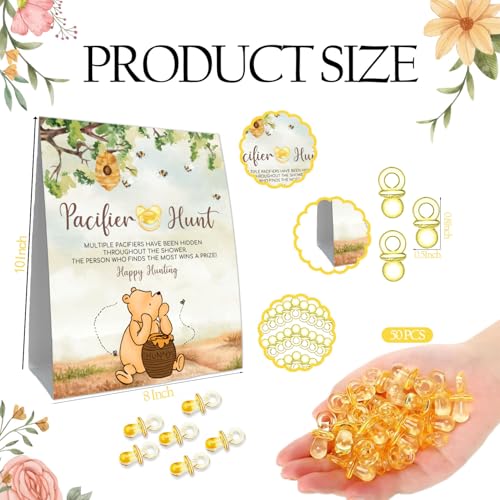 Image of Winnie Mini Pacifiers Baby Shower Game, Pacifiers Hunt Sign, Classic Pooh Baby Shower Game Set, 50Pcs Yellow Mini Pacifiers Decor for Baby Shower, Baby Shower Game Supplies