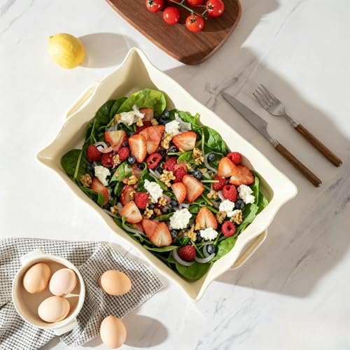 Sweejar Casserole Dishes for Oven, Ceramic 9x13 Baking Dish, Wave Edge Bakeware with Handles, Large Rectangular Lasagna Pan Deep for Roasting, Baking, Cooking, Banquet and Daily Use (Beige) - Thumbnail 5