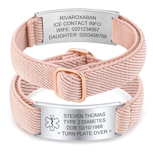 MEALGUET Personalized Medical Alert Bracelet for Women - Pink Elastic Strap Stainless Steel ID Bracelets Engraved Medic Info Emergency Awareness Medical ID Bracelet, Customized Bracelet