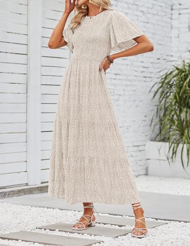 Image of ZESICA Women's 2026 Summer Boho Floral Maxi Dresses Casual Short Flutter Sleeve Smocked Tiered Flowy Dress