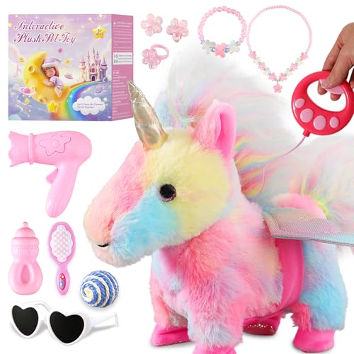 Colorful Unicorn Toys for Girls Toy Set Singing Walking Electronic Plush Unicorns with Control Leash, Pretend Dress Up Cute Wings Animated Stuffed Unicorn Gift for Girl Toddler Kids 3 4 5 6 Years