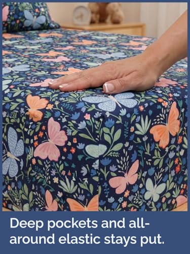 Image of Kids Twin Butterfly Meadow Bed Sheets - 3 Piece Butterfly Meadow Sheet Set | Butterfly Meadow Themed Bedding, Ultra-Soft, Cute & Cozy, Breathable & Machine Washable, Bed Set for Boys, Girls & Teens