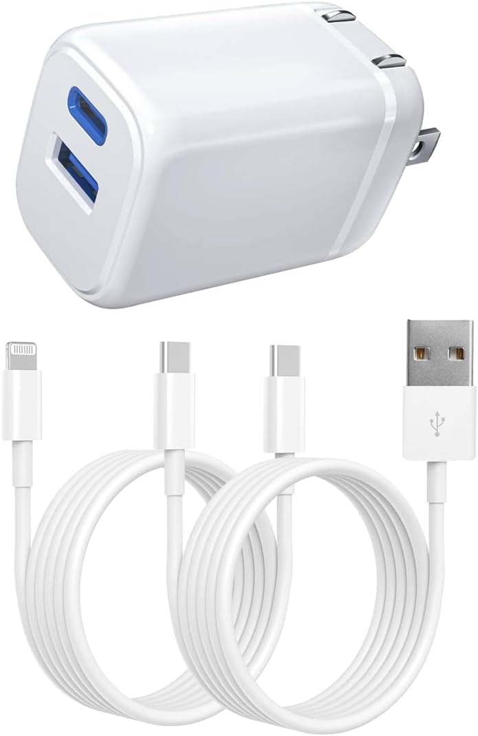 35W USB C Wall Charger, Dual Port Compact Foldable Plug PD Fast Charger Block Adapter with 2-Pack 6.6FT Charging Cable for iPhone 15/14/13/12/11/Pro/Pro Max, Galaxy-White