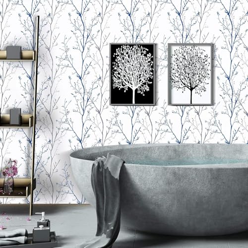 Image of FOKRIM White and Blue Tree Wallpaper, 45x300 cm, Removable & Waterproof, Self-Adhesive Wall Decals for Living Room, Bedroom, Office, and Home Decoration