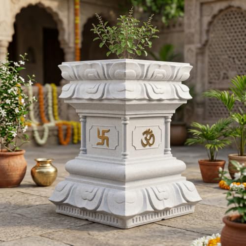 Image of YUCCABE ITALIA FOXB Tulsi Planter Stylish German Polymer Square Pot Suitable for Outdoor and Indoor Use (Marble White, 24 Inch)